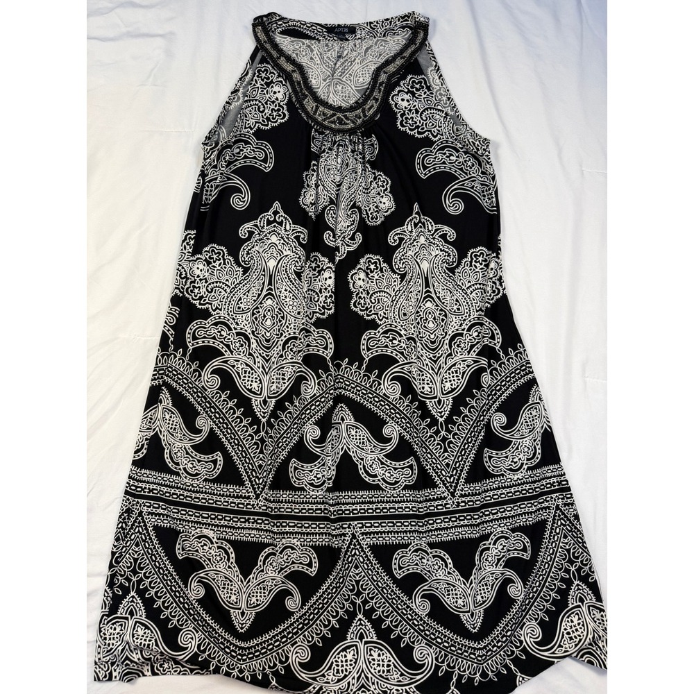 Apt 9 Boho Paisley Beaded Halter Dress Medium Black White Shift Midi